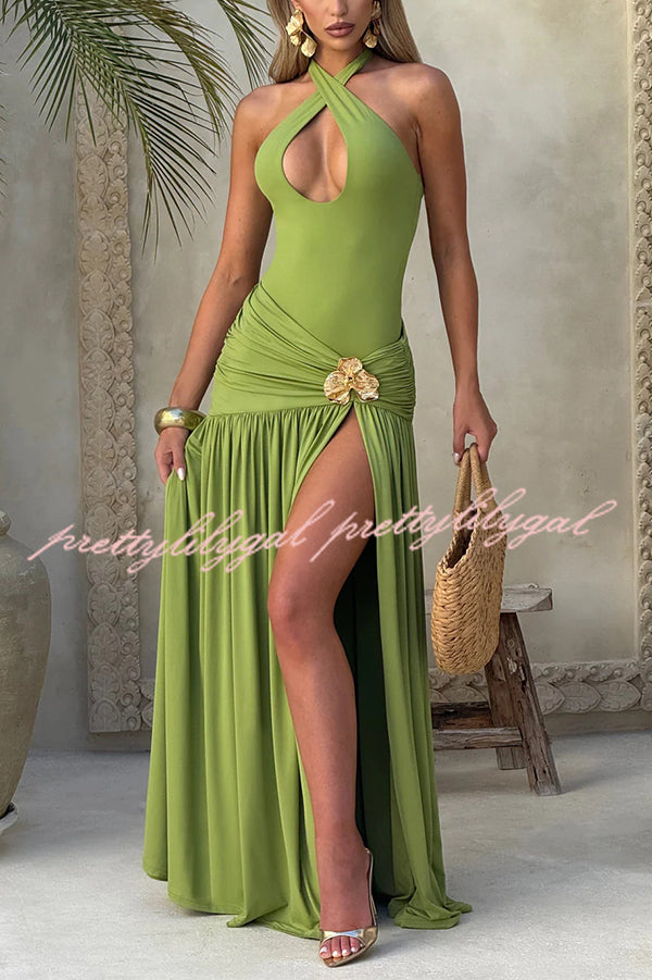 Solid Color Halter Neck Backless Slim Fit Pleated Slit Maxi Dress