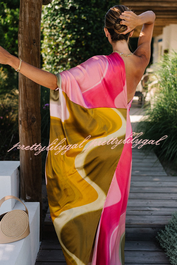 Summertime Favorites Satin Tie Dye Print One Shoulder Drape Vacation Maxi Dress