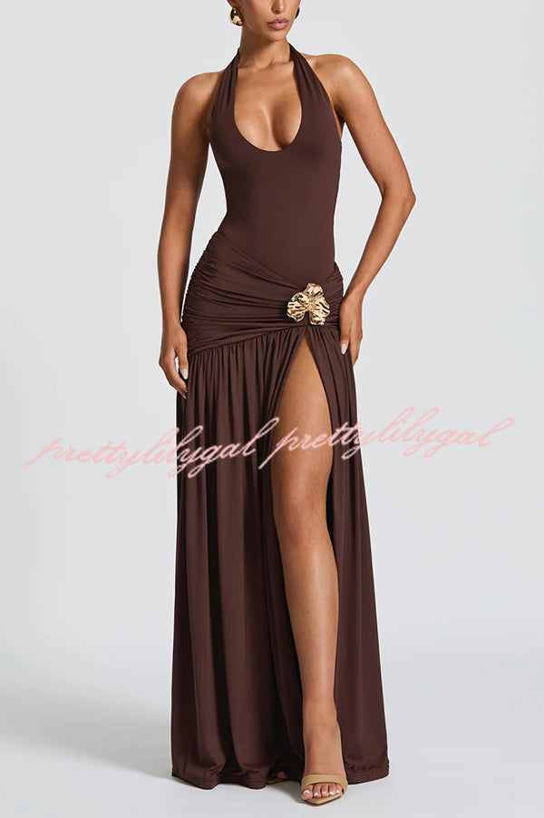 Solid Color Halter Neck Backless Slim Fit Pleated Slit Maxi Dress