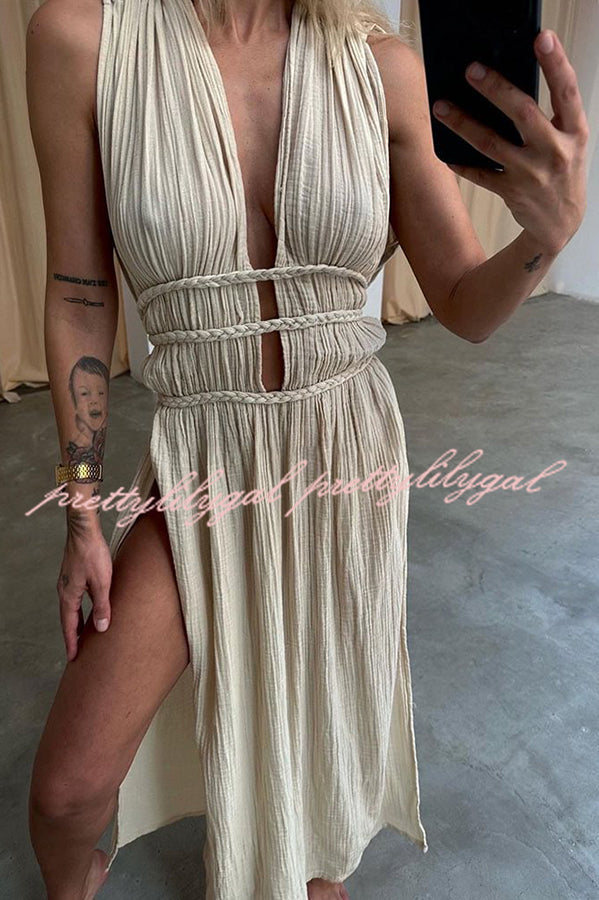 Boho with Elegance Linen Blend Braids Belt Cutout Slit Kaftan Maxi Dress