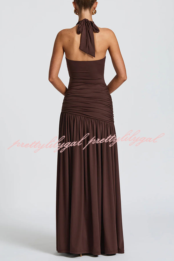 Solid Color Halter Neck Backless Slim Fit Pleated Slit Maxi Dress