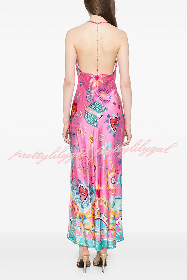 Effortless Chic Satin Unique Print Back Chain Detail Slip Maxi Dress