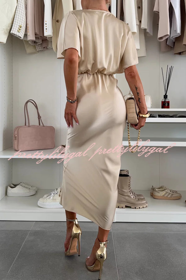 Satin Solid Color V-neck Cross Knot Slim Maxi Dress