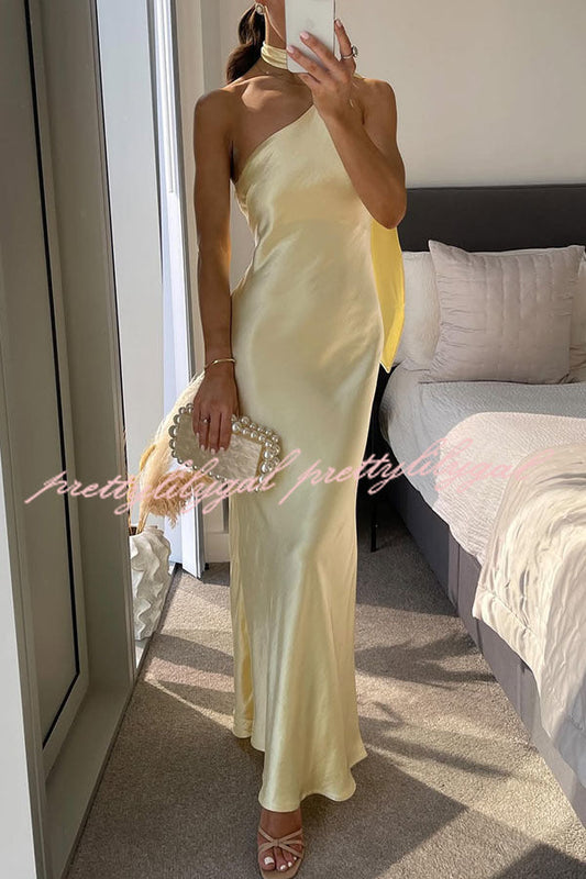 Flowing Elegance Satin One Shoulder Scarf Maxi Dress