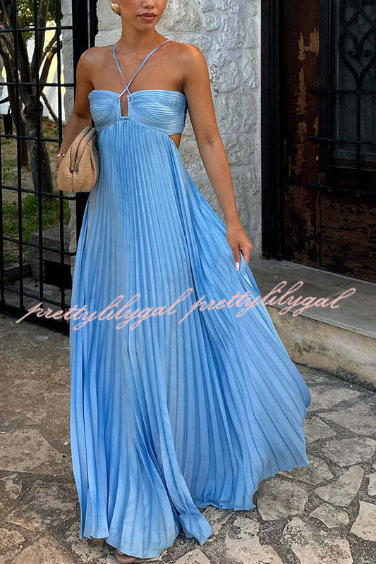 Caught Your Eye Satin Pleated Cross Straps Cutout Flowing Maxi Dress