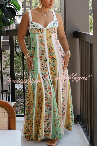 Sweet Garden Linen Blend Color Block Floral Paneled Maxi Dress