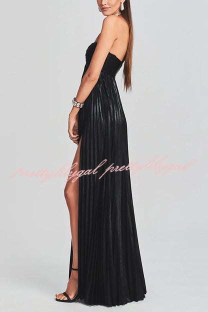 Metallic Sexy Tube Top Pleated High Slit Maxi Dress