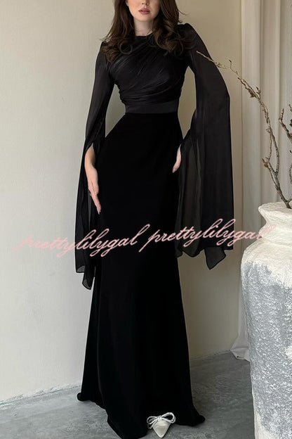 Liora Ruched Organza and Satin Patchwork Design Long Bell Slit Sleeve Maxi Dress