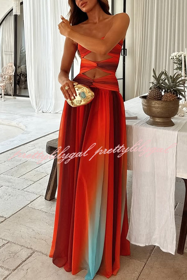Sardinia Sunset Mesh Printed Twist Cutout Off Shoulder Vacation Maxi Dress
