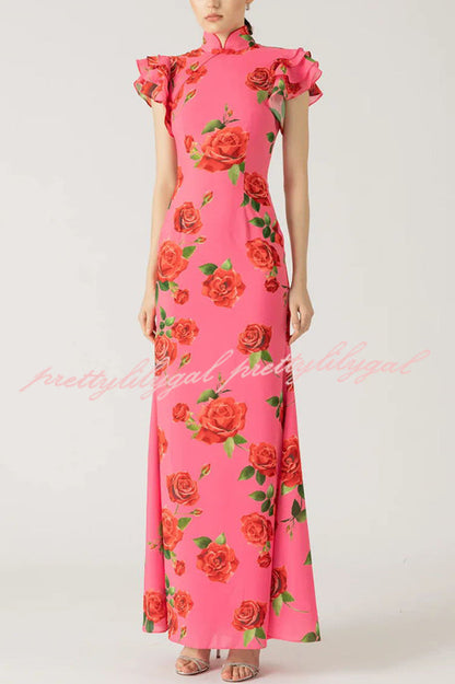 Cheongsam Style Rose Floral Print Tiered Flare Sleeve Stretch Maxi Dress