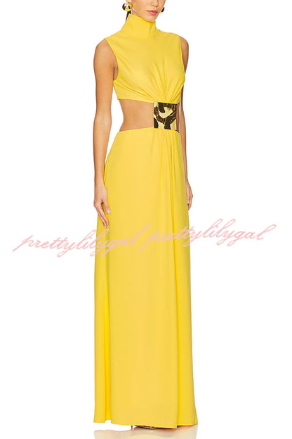 Avery High Neck Metal Decoration Cutout Waist Maxi Dress