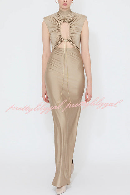 Genis Hollow Elastic Bust High Neck Sleeveless Gathered Maxi Dress