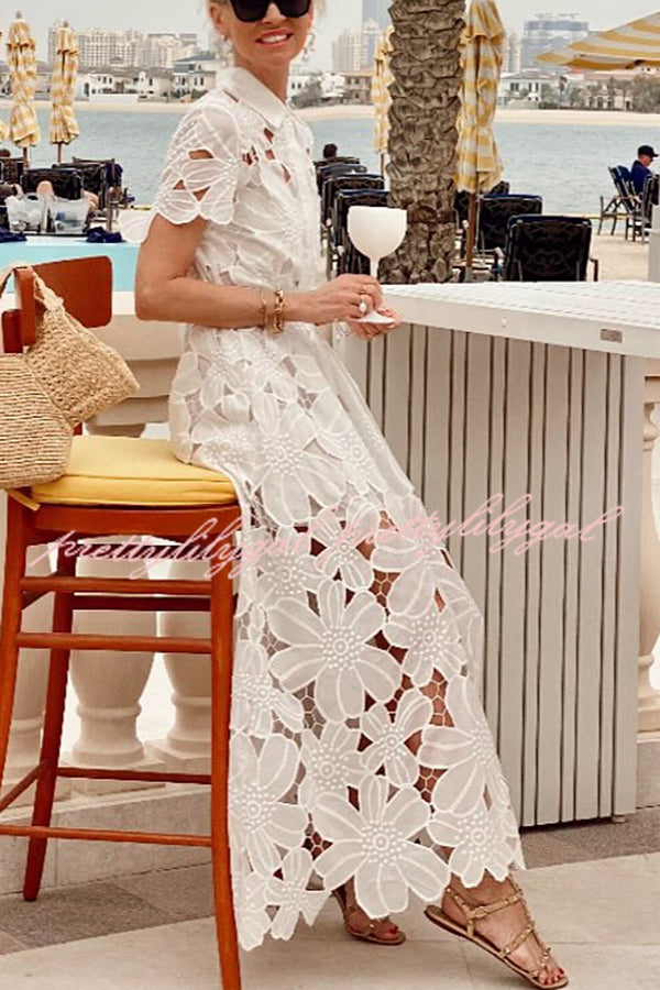 Dubai Style Floral Crochet Lace Short Sleeve Tie-up Shirt Maxi Dress