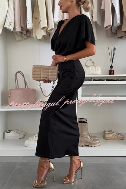 Satin Solid Color V-neck Cross Knot Slim Maxi Dress