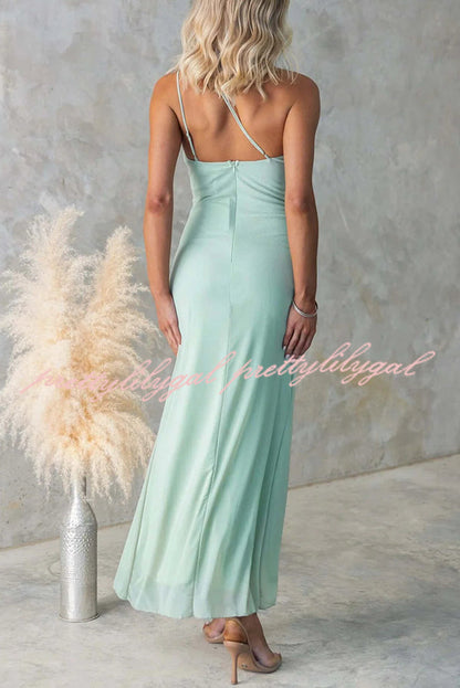 Fashion One-shoulder Pleated Sexy High Slit Slim Dress