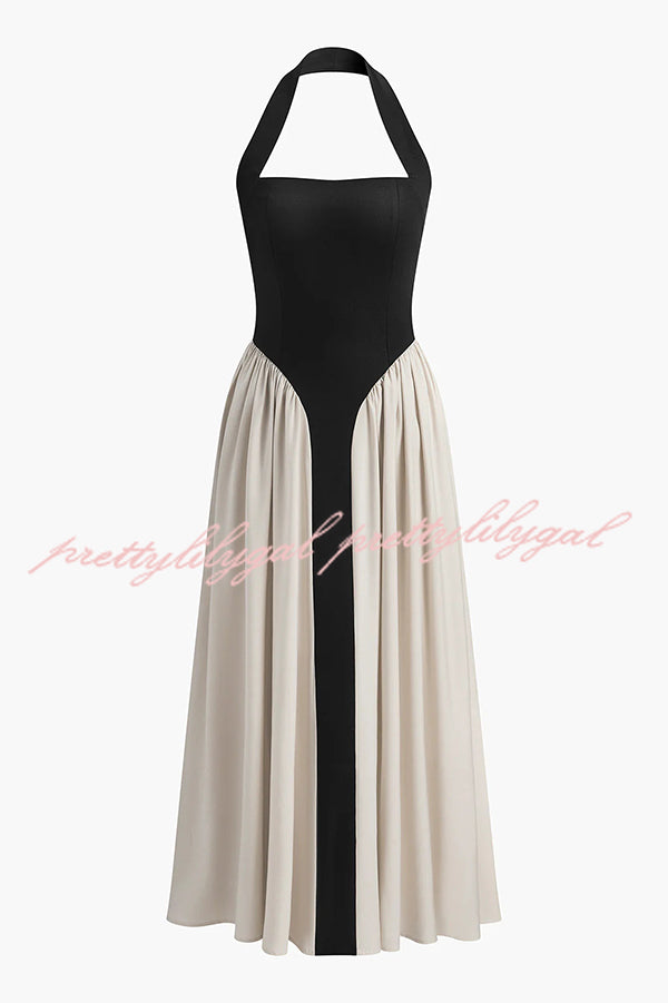 Fashion Contrast Color Stitching Sleeveless Backless Slim Maxi Dress