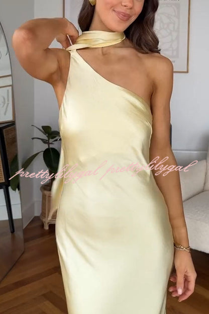 Flowing Elegance Satin One Shoulder Scarf Maxi Dress