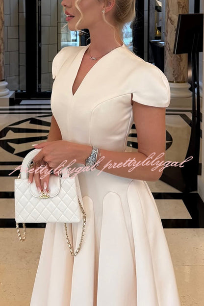 Solid Color V-neck Waist Elegant Full Hem Maxi Dress