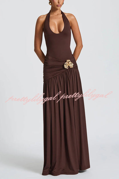 Solid Color Halter Neck Backless Slim Fit Pleated Slit Maxi Dress