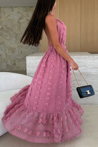 Gloria Embroidery Flowers Elastic Waist Halter Backless Slit Maxi Dress