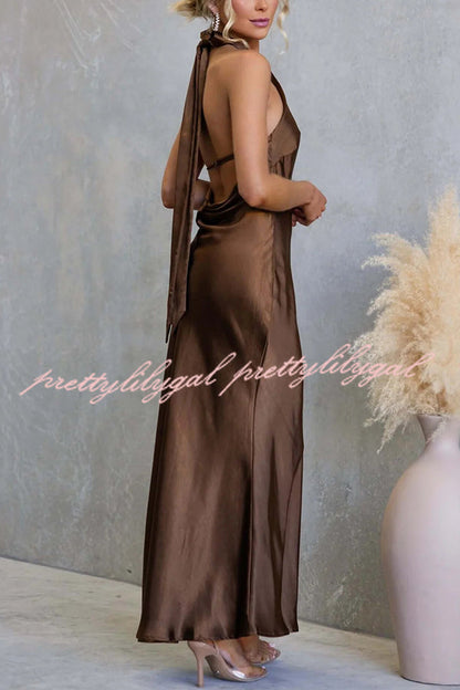 Satin Fashion Halter Backless Slim Elegant Maxi Dress