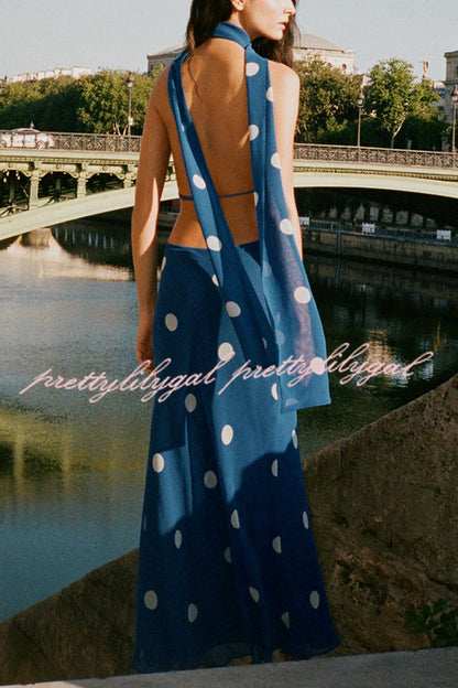 Fashion Polka Dot Print Sexy Halter Neck Backless Maxi Dress