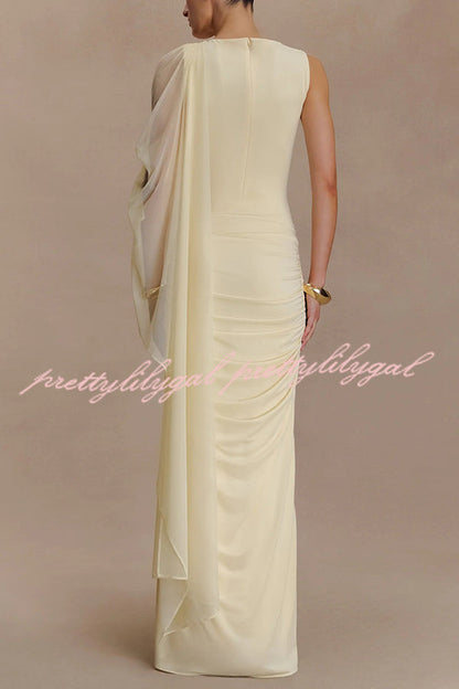 Fashionable Mesh Shawl Sleeveless Slim Fit Pleated Maxi Dress