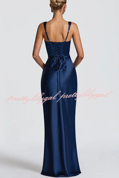 Calanthe Satin Square Neck Ruched Back Lace-up Drape Mesh Scarf Maxi Dress
