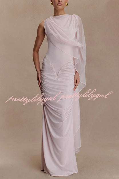 Fashionable Mesh Shawl Sleeveless Slim Fit Pleated Maxi Dress