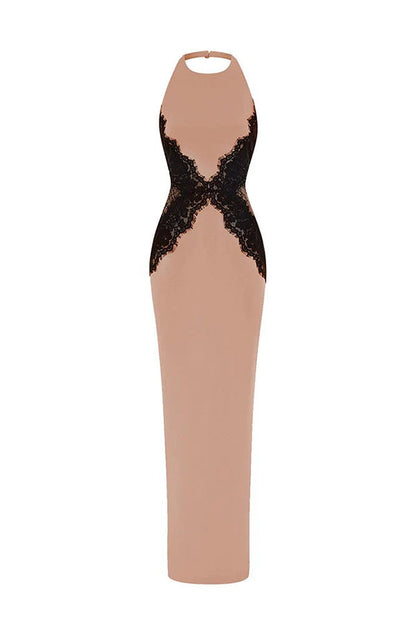 Sexy Halterneck Lace Paneled Backless Slim Maxi Dress