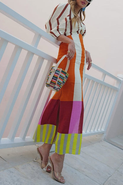 Kaya Linen Blend Color Block Print Front Cutout Knot Puff Sleeve Maxi Dress