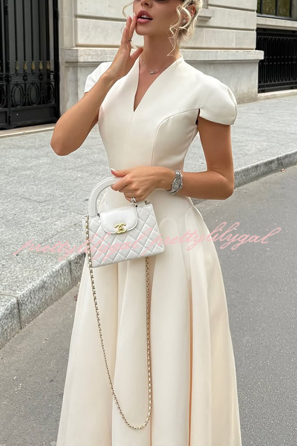 Solid Color V-neck Waist Elegant Full Hem Maxi Dress