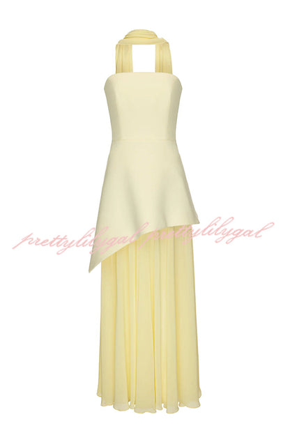 Monaco Off Shoulder Structured Top Chiffon Slit Hem Scarf Maxi Dress