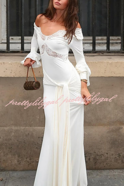 Fashion Lace Splicing Sexy V-neck Long-sleeved Slim Maxi Dress