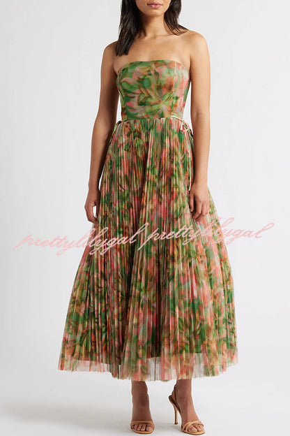 Romantic Factor Pleated Mesh Watercolor Print Bow Detail Strapless Maxi Dress