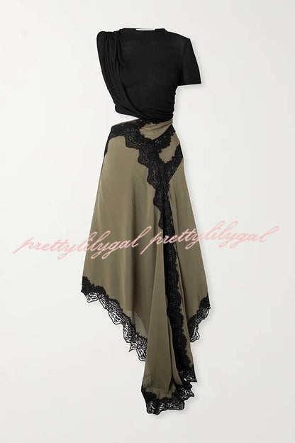 Verve Ribbed Jersey Cutout Waist Asymmetric Satin Lace Hem Maxi Dress