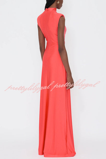 Genis Hollow Elastic Bust High Neck Sleeveless Gathered Maxi Dress
