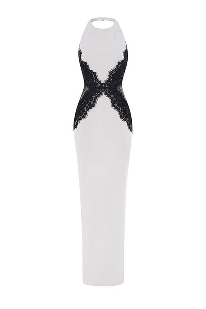 Sexy Halterneck Lace Paneled Backless Slim Maxi Dress