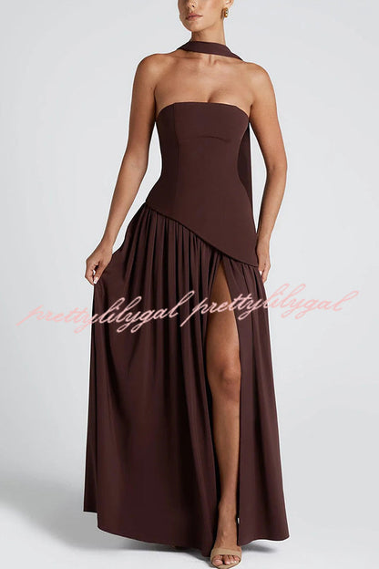 Elegant Off Shopulder Chiffon Pleated Hem Scarf Slit Maxi Dress