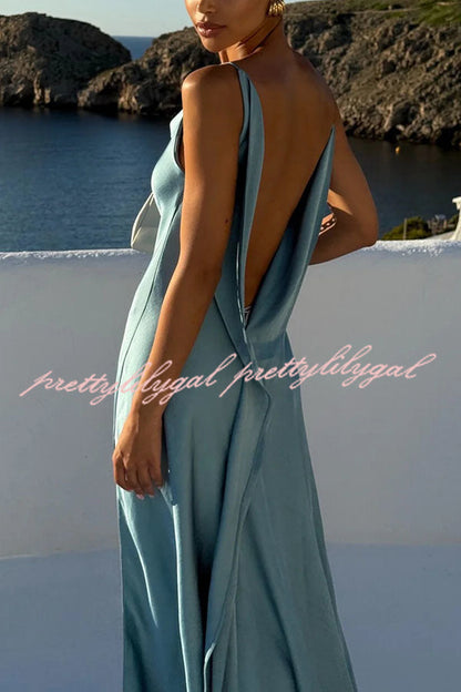 Flowing Elegance Satin Draped Neck Backless Ruffle Slit Maxi Dress