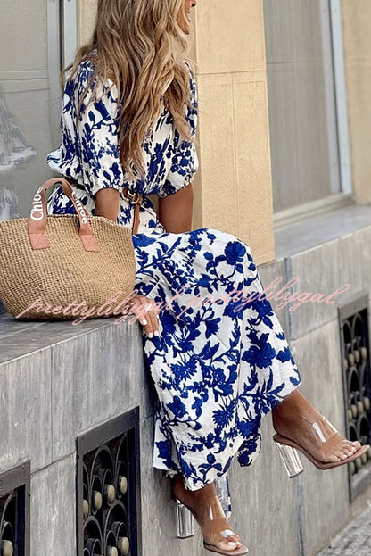 Plant Print V-neck Half-sleeve High Waist Casual Maxi Dress