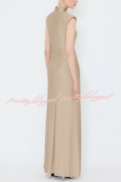 Genis Hollow Elastic Bust High Neck Sleeveless Gathered Maxi Dress