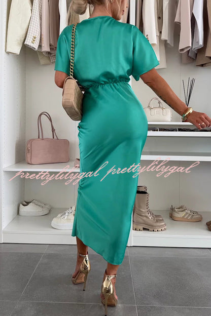 Satin Solid Color V-neck Cross Knot Slim Maxi Dress