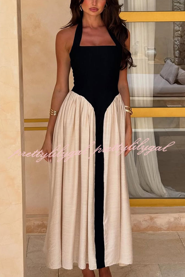 Fashion Contrast Color Stitching Sleeveless Backless Slim Maxi Dress