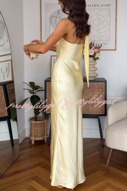Flowing Elegance Satin One Shoulder Scarf Maxi Dress