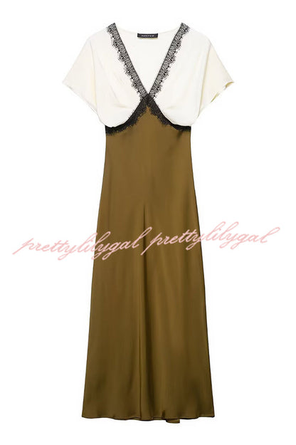Fashionable Contrast Color V-neck Lace Stitching Maxi Dress