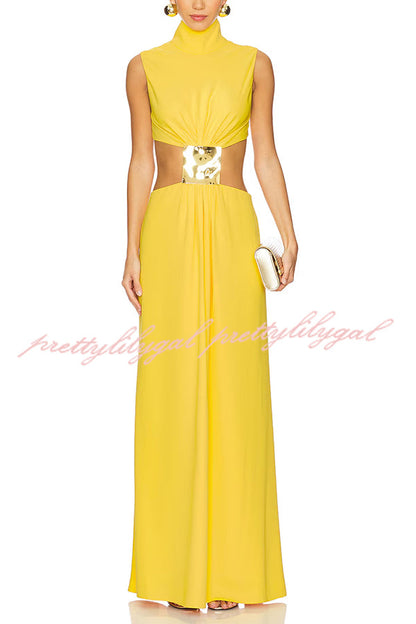 Avery High Neck Metal Decoration Cutout Waist Maxi Dress