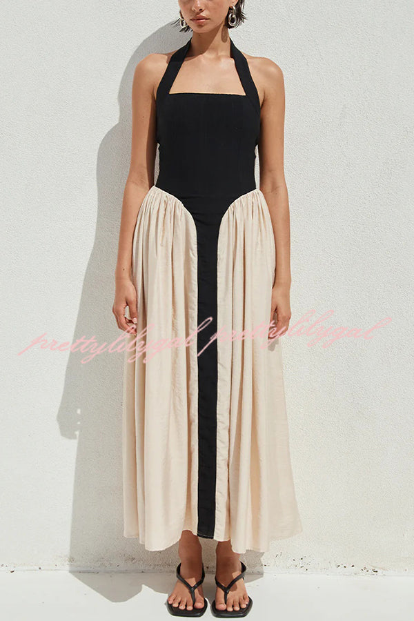 Fashion Contrast Color Stitching Sleeveless Backless Slim Maxi Dress