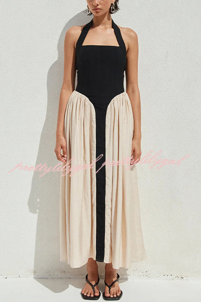 Fashion Contrast Color Stitching Sleeveless Backless Slim Maxi Dress