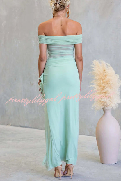 Sexy Mesh Off-shoulder Slim Fit Ruffled Slit Maxi Dress